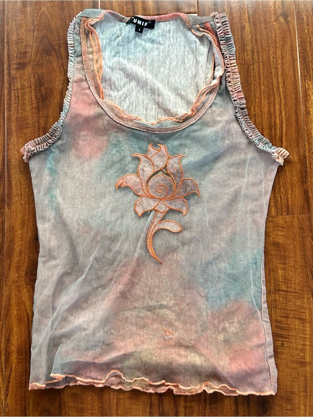 UNIF Pastel Tie-Dye Rose Embroidered Tank - Pink, Blue, Cream